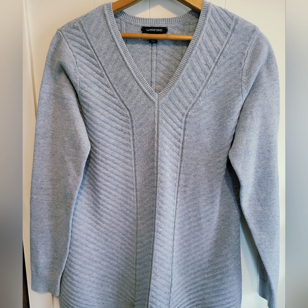 Lands’ End Marbled Baby Blue 100% Baumwolle Womens Size M V-Neck Sweater